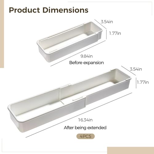 4 Pcs Adjustable Drawer Organizers, Extendable Plastic Dividers for Kitchen, Bathroom, Office Utensil, Cutlery, and Office Supply Storage, White Tray Set