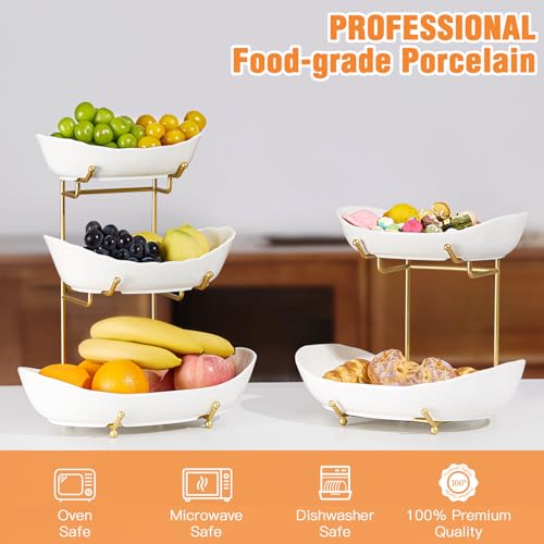 2 Tier Ceramic Fruit Bowl for Kitchen Counter, Tiered Fruit Basket for Countertop, Modern Multi Layer Fruit Display Stand for Party, Cute (Gold&White, Large) - color: Gold&White, size: Large