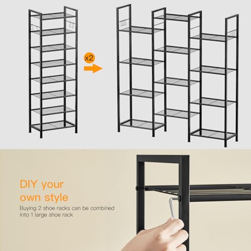 8 Tiers Narrow Shoe Rack 16-24 Pairs, Sturdy Metal Tall Shoe Rack with 4 Hooks, Slim Shoe Storage Organizer with Metal Shelf, Space Saving Vertical Shoe Shelf for Entryway, Closets, Black - color: Black