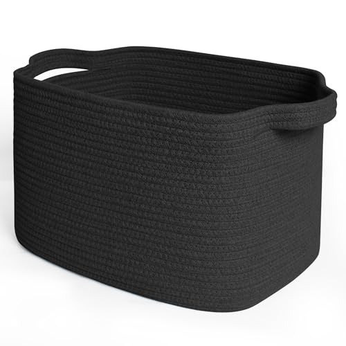 MEGASKET Black Woven Storage Basket - 15"x9"x11" Cotton Rope Basket for Organizing Shoes, Toys, Books, Towels, Rectangular Decorative Dog Toy Bin Box, Wicker Storage Bin for Entryway, Shelf, Gift Use - color: Black