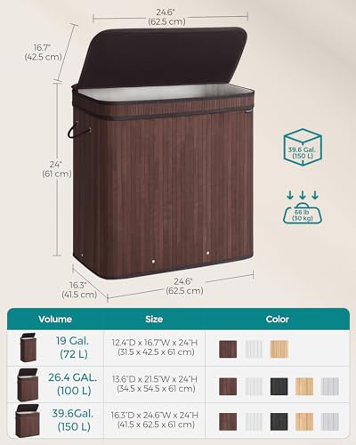 SONGMICS Laundry Hamper with Lid, Bamboo Laundry Basket, Removable Machine Washable Laundry Basket, with Handles, 39.6-Gallons, for Laundry Room, Bedroom, Bathroom, Chestnut Brown ULCB062K01 - color: Chestnut Brown, size: 150 L