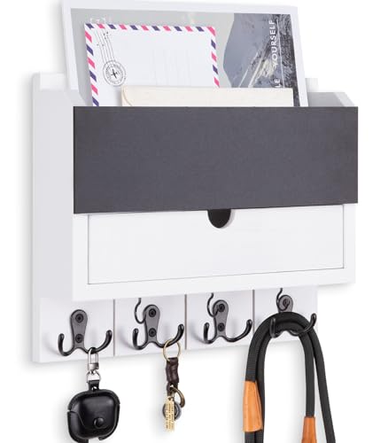 Mail and Key Holder Wall Mount with Storage Drawer – Modern Wooden Mail Organizer for Wall Entryway, 7 Key Hooks & Chalkboard Panel – Stylish Home Decor for Apartments, Living Room, Office - color: White