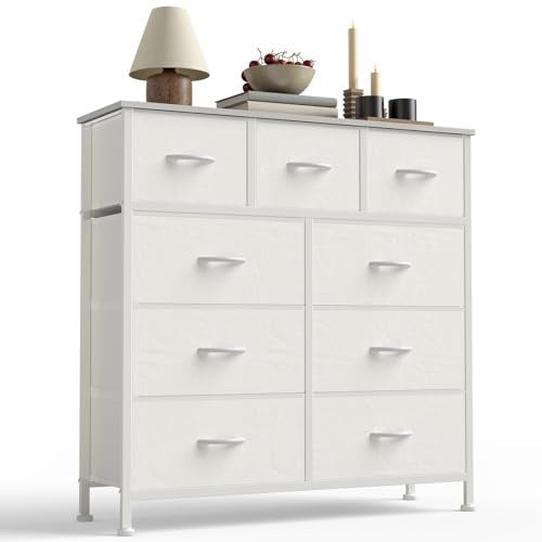 Sweetcrispy 9-Drawer Fabric Dresser Storage Tower with Wood Top and Steel Frame, Organizer Chest with Easy Pull Handles for Bedroom, Closet, Hallway,Pure White - color: White, size: 11.8"D x 39.6"W x 39.8"H (9 Drawers)