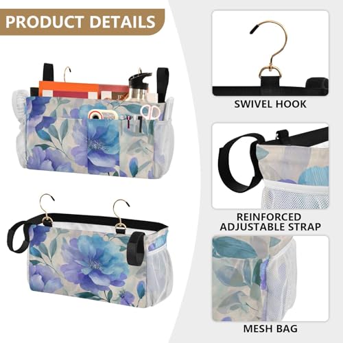 Bedside Caddy Metal Frame Hanging Organizer Bunk Bed Dorm Accessories Hook And Loop Storage Bag Large Pockets Blue Peony Leaf - color: Blue Peony Leaf