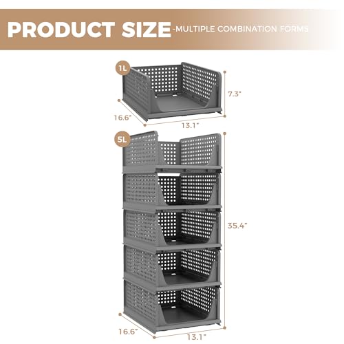 Pinkpum 5 Pack Folding Closet Organizers - Stackable Plastic Drawer Basket for Clothing, Shelf Storage Container for Closet, Wardrobe, Bedroom, Bathroom, Office (Black) - color: Black, size: 5 Pack L