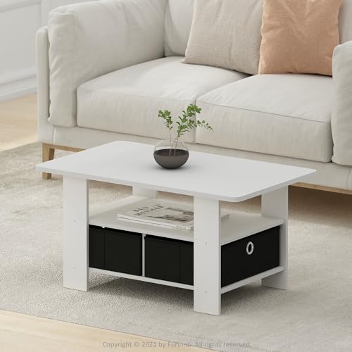 Furinno Andrey Coffee Table, Small Modern Coffee Table with Storage and Bin Drawer, Side Table for Living Room, Bedroom, Home Office, White - color: White/Black, style: 2 Bin