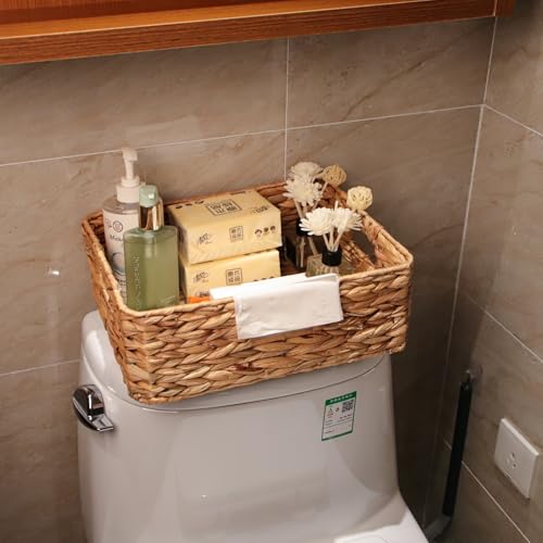 Rectangular Water Hyacinth Storage Baskets, Wicker Storage Baskets for Shelves, Square Shallow Basket, Woven Drawer Basket With Handle, 13” L x 10.6” W x 4.5” H - size: Medium - 13 in ×10.6 in × 4.5 in