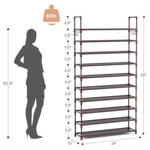 VTRIN 10 Tiers Shoe Rack Tall Large Capacity Wide Shoe Organizer Sturdy Shoe Shelf for Entryway with Two Hooks Metal Shoe Storage for Closet, Bedroom, Brown - color: Brown, size: 32.3" Wide - 10 Tier