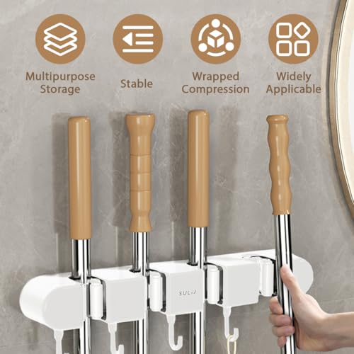 3PCS Broom Holder Wall Mount, No-Drilling Self-Adhesive Mop and Broom Storage Rack (4 Racks with 5 Hooks),Wall-Mounted Broom Hanger for Bathroom, Kitchen, Closet, Garage (White) - color: White