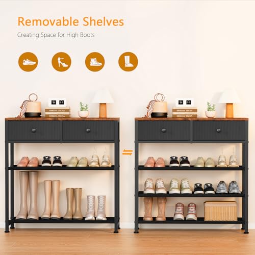 usikey Shoe Rack, 4 Tier Shoe Storage Organizer with 2 Drawers, Metal Shoe Shelf for 9-12 Pairs of Shoes, with 3 Oxford Fabric Shelves and Wooden Top, Shoe Stand for Closet Entryway, Black UNYXJX012H - color: 4 Tier ( 28.3 X 11 X 29.5 Inches)-black