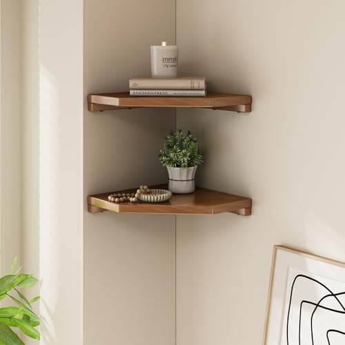 2 Pcs Floating Corner Shelves for Bathroom, Kitchen or Living Room Decor, Wooden Wall Mounted Shelves, Natual Teak