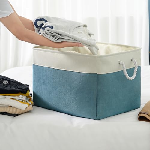 TheWarmHome Storage Bin for Shelves - Extra Jumbo 3 Pack 20.5L×15.7W×13.8H Storage Basket for Organizing, Fabrin Storage cubes with Drawstring Cover for Living Room Bedroom Decor Closet（White & Green - color: White And Green, size: 3PCS/Extra Jumbo - 20.5