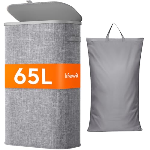 Lifewit Slim Laundry Basket with Lid, Narrow Large Laundry Hamper with Plastic Handles and Removable Bag, Tall Foldable Dirty Clothes Hampers for Laundry Room, Bedroom, Bathroom, Dorm, 65L Gray - color: Gray, size: 65L