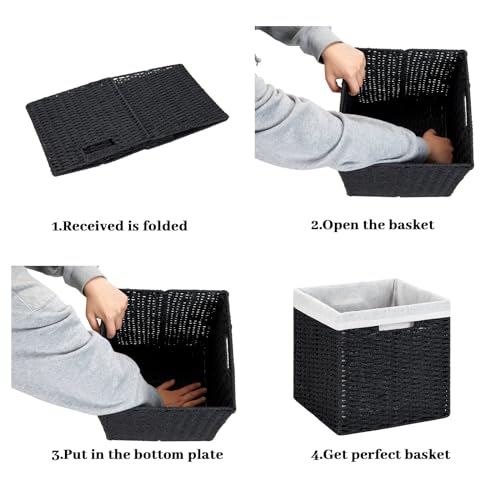 DULLEMELO Wicker Storage Baskets for Shelves, Woven Cube Storage Bins Set of 4, 11x11x11 inch Foldable Wicker Baskets for Shelves,Closet, Clothes, Toys-Black - color: Black, size: 11"-4 pack