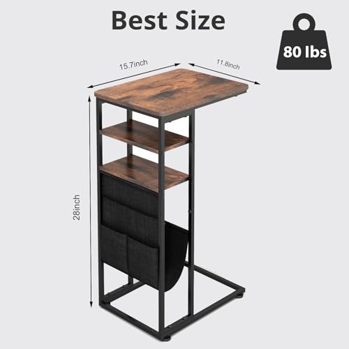 C Shaped End Table 28"(H) 3-Tier C Table with Storage Bag, Under Couch Table C-Shaped End Table with Storage Shelves and Bag for Living Room, Bedroom, or Office - color: Rustic Brown, size: Wood