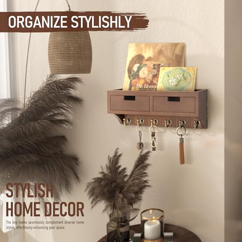 Rebee Vision Key and Mail Holder Wall Mount with 2 Drawer Organizer : Farmhouse Key Holder for Wall with 6 Key Hooks and Shelf - Rustic Home Decor for Apartment Essentials (Vintage Brown) - color: Brown, style: 2-Drawer