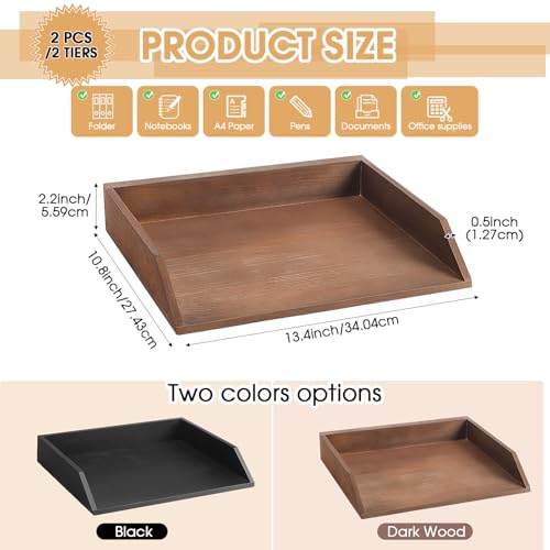 Beeveer 2 Pcs Wooden Letter Tray Wood Letter-Size Desk Organizer Heavy Duty 2 Tier Stackable Support Paper Tray Desktop Drawer File Folder Magazine Office Accessories Back to School(Dark Wood) - color: Dark Wood