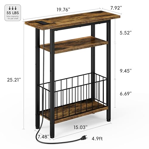 Vagusicc Narrow Side Table with Charging Station, 3-Tier Skinny Side End Table for Couch Sofa, Small End Side Tables for Small Spaces, 25.2" Tall Slim Nightstand for Living Room, Bedroom, Rustic Brown - color: Rustic Brown, style: With Plug