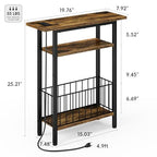 Vagusicc Narrow Side Table with Charging Station, 3-Tier Skinny Side End Table for Couch Sofa, Small End Side Tables for Small Spaces, 25.2" Tall Slim Nightstand for Living Room, Bedroom, Rustic Brown - color: Rustic Brown, style: With Plug