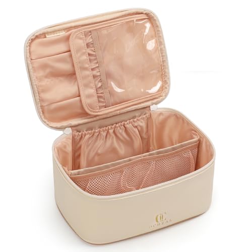 OCHEAL Beige Makeup Bag,Travel Makeup Organizer Bag, Large Capacity Cosmetic Bags For Women Large Travel Toiletry Bag Girls Traveling With Brush Slot And Divider-White - color: 0020_Beige, size: Medium