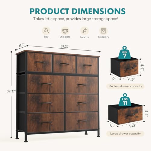 OLIXIS Dresser for Bedroom, 9 Storage Drawers, Wide Fabric Closet Chests Organizer Tower Furniture, TV Stand with Wooden Top Metal Frame for Clothes, Living Room, Hallway, Entryway, Rustic Brown - color: Rustic Brown, size: 39.4"D x 11.8"W x 39.9"H (9 Dra
