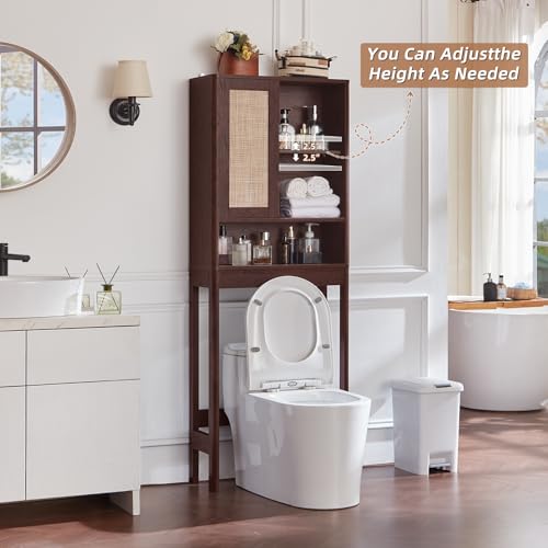 LEYAOYAO Rattan Over The Toilet Storage Cabinet, Farmhouse Over Toilet Bathroom Organizer with Sliding Door, 68" Tall Freestanding Washer Shelf with Adjustable Shelf & Curved Profile, Walnut - color: Walnut, size: 10"D×23.3"W×68"H