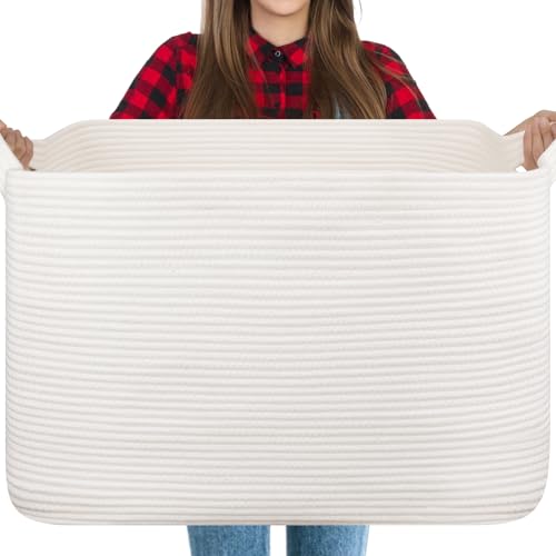 OIASKET 118L Extra Large Blanket Basket, 24.8"x17.7"x16.2" Woven Rope Baskets for Storage, Nursery Blanket Storage for Living Room, Toy Basket with Handle Organizing Comforter Cushions Pillows, White - color: White