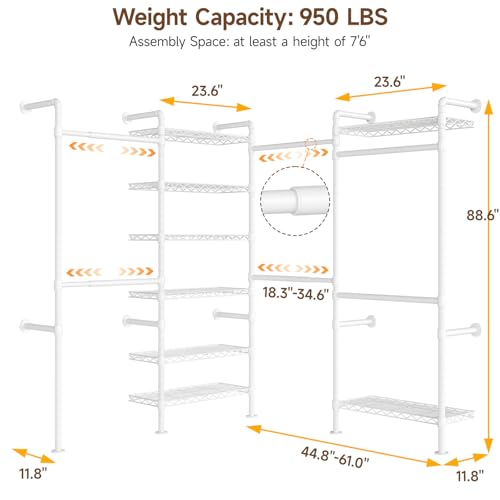 ONBRILL L4 Wall Mounted Industrial Pipe Clothing Rack, Closet Organizer System with 6 Hanging Clothes Rods ( 4 Expandable Rods) & 8 Shelves, Heavy Duty Corner Garment Rack, Large Wardrobe - White - color: White
