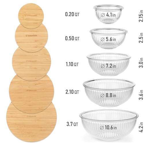 Stackable Space-Saving Set of 5 Nesting Glass Bowls with Bamboo Lids for Foodprep, Storage, Baking, Mixing & Cooking, Microwave & Oven Safe BPA Free Heat Resistant Inert Borosilicate Glass - color: 5 Mixing Bowls with Bamboo Lids (Ribbed)