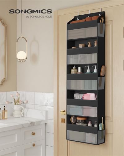 SONGMICS Over-the-Door Organizer, 5-Tier Door Hanging Storage Shelf, Heavy-Duty Closet Hanging Organizer Foldable, Transparent, Pockets, Metal Hooks, Ink Black URDH010BH01 - color: Ink Black