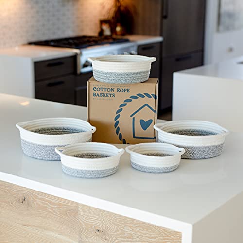NaturalCozy 5-Piece Round Small Woven Baskets Set– Cotton Rope Baskets for Organizing! Montessori Toys, Fruits Remotes Key Tray Bowl for Entryway Desk, Shallow Catchall Home Décor, Cat Dog Bin Gift - color: Off White & Mixed Gray