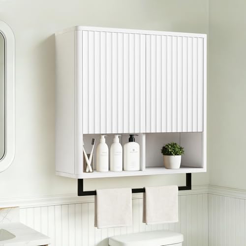 Bathroom Wall Storage Cabinet, Over The Toilet Medicine Cabinet, Hidden Storage & Open Shelves, Small 2-Door Multi-Functional Bathroom Organizer with Towel Bar for Bathroom & Kitchen (White) - color: White