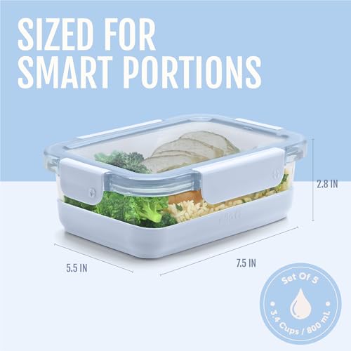 Ello Duraglass 3.4 Cup Meal Prep Sets 10Pc, 5 Pack Set- Glass Food Storage Container with Silicone Boot and Airtight BPA-Free Plastic Lids, Dishwasher, Microwave, and Freezer Safe, Halogen Blue - color: Halogen Blue with Boot, size: 3.4 Cup