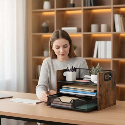 Wood Desk Organizer - 3-Tier Desktop File Organizer with Drawer, Wooden Paper Tray, Office Desk Organzier and Accessories for Papers, Mail, Notebooks, Stationery - size: 3 Tier Drawer