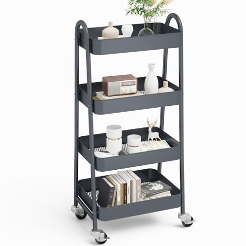 NEWBULIG 4-Tier Rolling Utility Cart with Locking Wheels, Slim Metal Mobile Storage Organizer Shelf for Small Spaces, Bathroom, Living Room, Grey - color: Gray, size: 4-Tiers