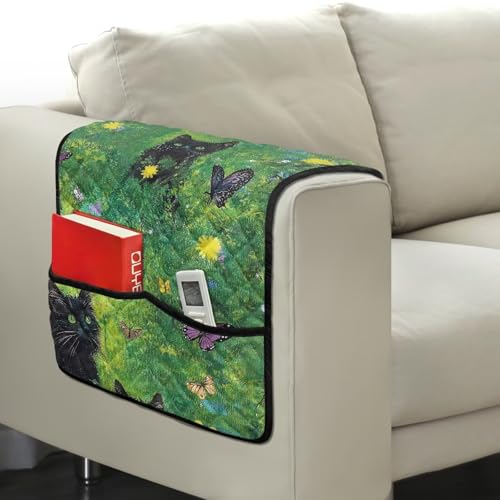Green Grass Black Cat Floral Print Arm Rest Cover for Sofa with 2 Pockets Dustproof Chairs Arm Covers Anti-Scratch Furniture Protector for Pet Dog Cats Loveseat Armrest Covers - color: Green Grass Black Cat Floral