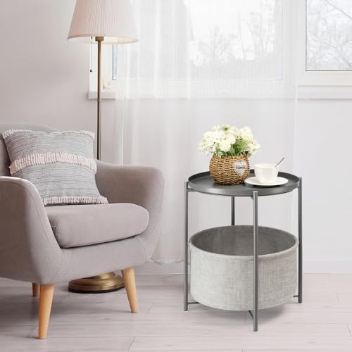 danpinera Round Side Table with Fabric Storage Basket, Metal Side Table Small Bedside Table Nightstand with Removable Tray Top for Living Room, Bedroom, Nursery, Laundry, Gray - color: Grey