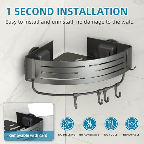 Onemake Corner Shower Caddy Suction Cup, Aluminum Wall Mounted Organizer Shelves Storage Rack with Towel Bar for Small Bathroom Grey - style: 1 Tier-Gray-Triangle Caddy