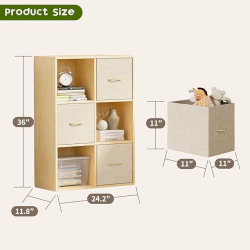 6 Cube Storage Organizer - Solid Wood Bookshelf with 3 Storage Bins, Cube Shelf with 2 Removable Back Panels, Vertical or Horizontal Bookcase, Open Book Shelf for Bedroom, Living Room, Office - size: 6 Cube Shelf