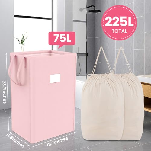 MCleanPin 220L Pink Laundry Hamper Large Collapsible Basket with Laundry Bags, Dirty Clothes Hamper,Laundry Basket with Handles,Washable Laundry Bags,Foldable Dorm Hamper for College (Rose Pink) - color: Pink