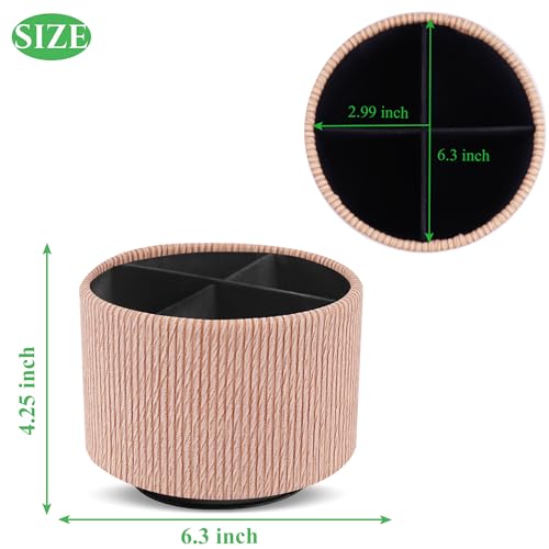 Round Leather Art Supply Organizer,Remote Control Holder,360 Degree Spinning,Multi-Functional Pencil Holder,4 Compartments Desktop Stationary Organizer(1-Wood Apricot) - color: 1-Wood Apricot