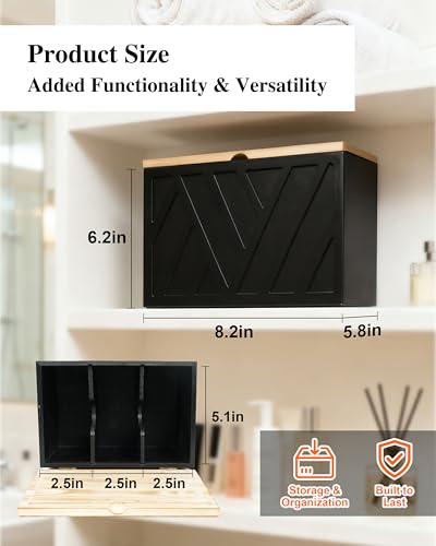 Tampon Holder for Bathroom Decor Feminine Product Organizer With Lid Shark Week Box Wooden Pad Girl Stuff Box (BLACK, lid) (1, BLACK) - color: Black
