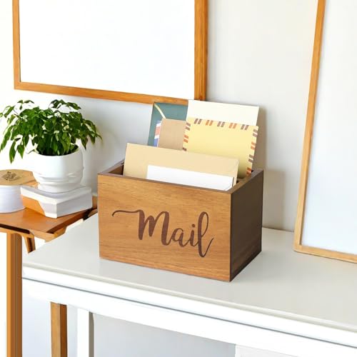 LBEMEY Mail Holder Storage Organizer Box,Acacia Wood Mail Organizer Countertop,Desktop Letters, Bills, Notes and Postcard Bin for Home Office Dorm Room