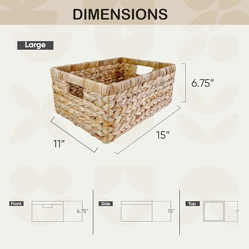 Large Rectangular Handwoven Wicker Basket - Natural Water Hyacinth Storage Baskets with 2 Built-in Handles - Ideal for Towel, Blankets, and Home Organizer & Decor - 15"x 11"x6.75" - Brown - size: 15Dx11Wx6.75H