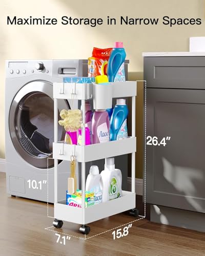 Pipishell Slim Storage Cart with Wheels, Bathroom Cart Organizer Storage Small, Rolling Carts for Bathroom, Laundry Room, Kitchen, Narrow Space, White PIUC04W - color: White, size: 3-Tier