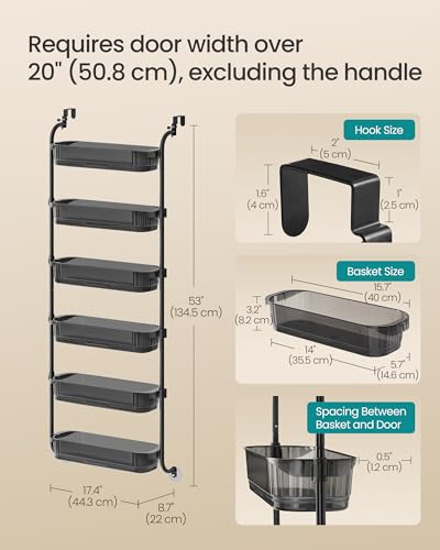 SONGMICS Over the Door Pantry Organizer, 6-Tier Kitchen Pantry Door Organizer with Adjustable Tall Baskets, Hanging Spice Rack, for Bedroom Bathroom Laundry Room, Transparent Black UKCS046BH01 - color: Transparent Black
