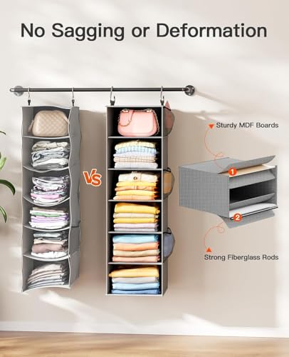 Pipishell Hanging Closet Organizer 6-Shelf, Hanging Shelves for Closet with 3 Removable Drawers & Side Pockets for Bedroom, Garment Rack and Wardrobe Organization, 12' x 12' x 43.3', Dark Gray - color: Grey