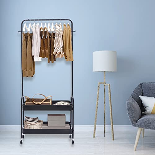 2-Tiers Clothes Rack Freestanding Clothing Garment Rack with Metal Basket Rolling Storage Clothes Shelves Portable Organizer Coat Rack for Entryway Home Bedroom Laundry Small Place (Black) - color: Black