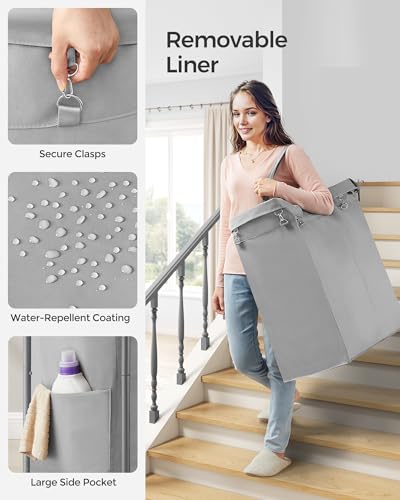 SONGMICS Laundry Basket with Wheels, Rolling Laundry Hamper, 23.8 Gallons (90 L), Removable Liner, Steel Frame with Handle, 24 x 11.4 x 31.9 Inches, Dove Gray URLS003G01 - color: Dove Gray, size: 90 L (1-Section), style: Rectangular with handle