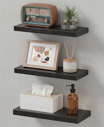 LifetimeWarranty Easy Install Floating Shelves,15.7" Wall Mounted Wooden Shelves, Small Wall Shelves for Storage&Wall Decor,Living Room,Kitchen,Office,Corner Shelf for Photo Book Plants,Set of 3 Black - color: Black Floating